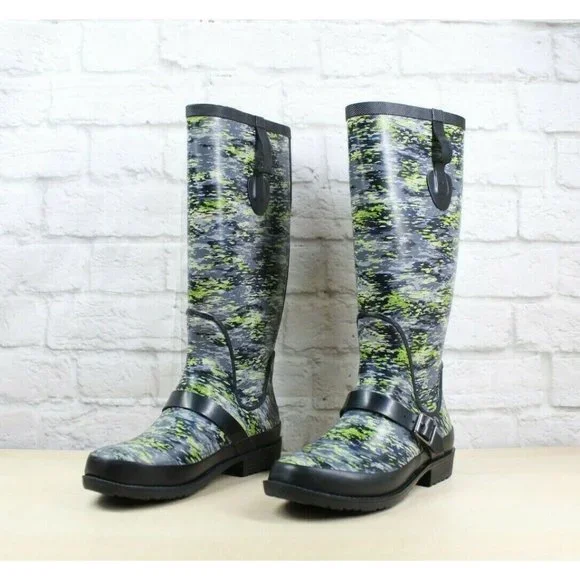 LL Bean Wellie Mariner Blue Camouflage WP Knee High Rain Boots Size 7 M - Picture 2 of 9